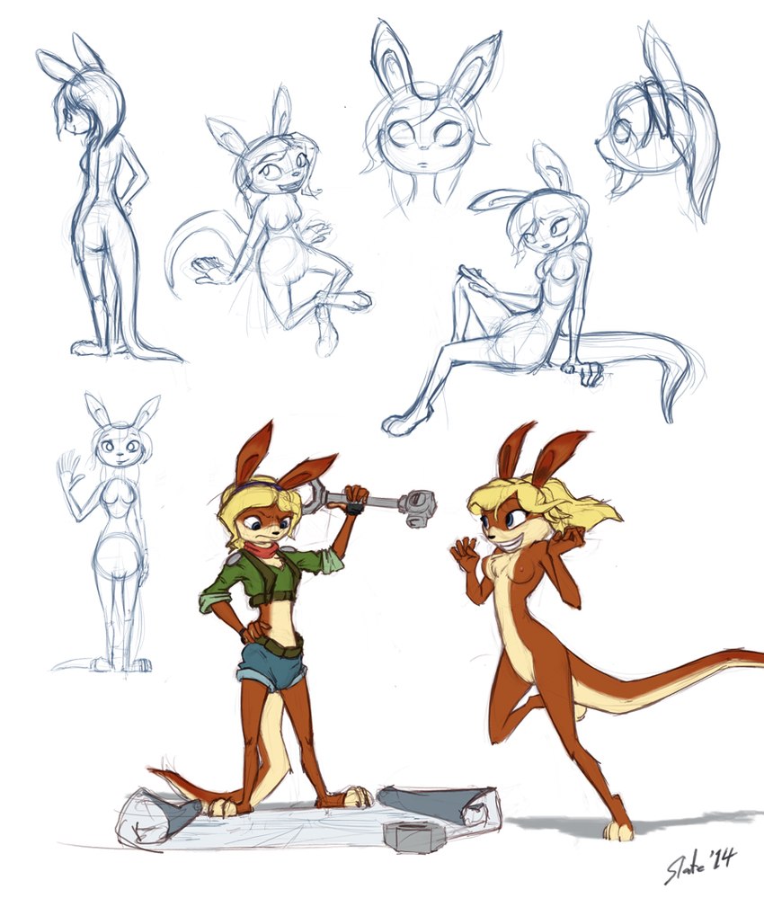 anthro blonde_hair blue_eyes breasts confusion female fur genitals hair nipples nude orange_body orange_fur paws pussy running schematics simple_background smile solo tail thinking thoughtful_expression tools white_background wrench slate jak_and_daxter naughty_dog sony_corporation sony_interactive_entertainment tess_(jak_and_daxter) mammal mustelid ottsel 2014 digital_media_(artwork) sketch sketch_page