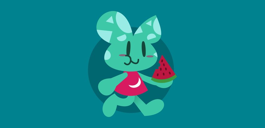 anthro asymmetrical_ears beady_eyes bitten_food blush blush_stickers clothing crescent_(shape) crescent_moon eating food fruit holding_food holding_fruit holding_object markings melon moon pink_clothing pink_shirt pink_topwear plant shirt simple_background solo teal_body topwear watermelon watermelon_slice lu9 ketchup_dreams sinetri_works bitty_(ketchup_dreams) 2024 flat_colors hi_res male_(lore)