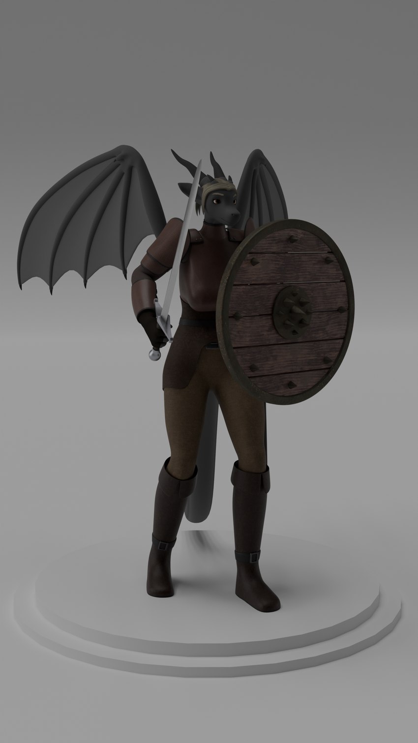 5_fingers anthro brown_eyes clothing female fingers grey_body hair holding_melee_weapon holding_object holding_shield holding_sword holding_weapon horn melee_weapon membrane_(anatomy) membranous_wings shield solo sword tail weapon wings pukhnastyy_aks mythology eliora_vohnekryl dragon mythological_creature mythological_scalie scalie 9:16 absurd_res hi_res