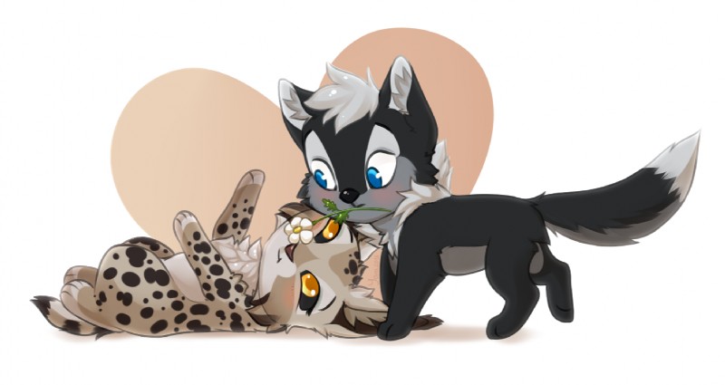 ambiguous_gender blush chibi daww duo feral flower fluffy gift holidays love lying paws plant yana-r valentine's_day nightdancer_(character) zaire_(nightdancer) canid canine canis felid feline lynx mammal wolf digital_media_(artwork) shaded