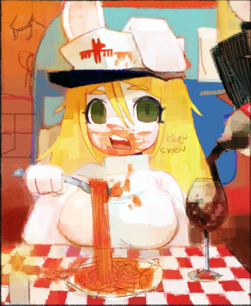 anthro beverage big_breasts blonde_eyebrows blonde_hair breasts candle checkered_tablecloth chewing clothing cola container cup detailed_background drinking_glass eating eating_food eyebrows female female_anthro food food_on_face furniture glass glass_container glass_cup green_eyes hair hair_between_eyes hat headgear headwear holding_fork inside long_hair looking_at_viewer nipple_outline one_ear_up open_mouth pasta peaked_cap pink_tongue pouring pouring_liquid restaurant sitting soda soda_bottle solo sound_effects spaghetti sweater table tablecloth teeth tongue topwear white_clothing white_sweater white_topwear wine_glass dogmasque9999 puella_bunnington lagomorph leporid mammal rabbit 2023 adobe_photoshop_(artwork) digital_media_(artwork) digital_painting_(artwork) shaded