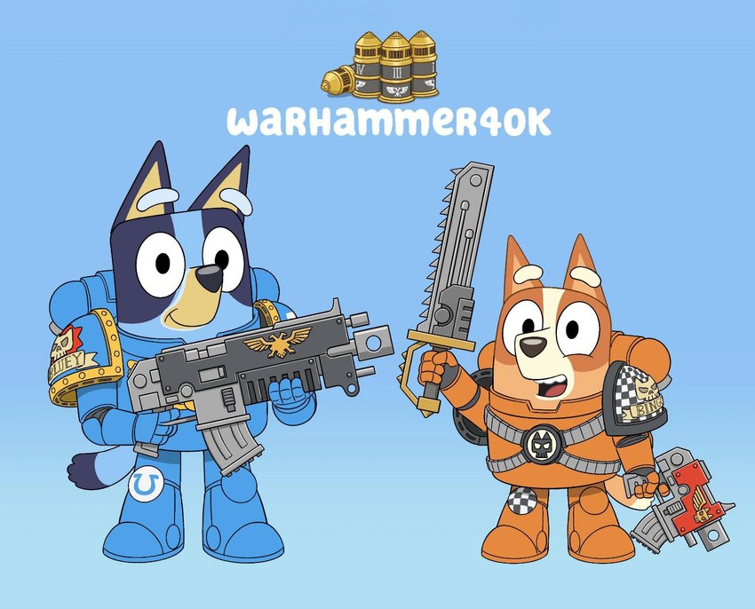 bingo heeler, bluey heeler, and ultramarine (warhammer (franchise) and etc) created by unknown artist