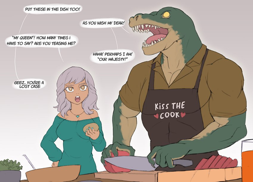 anthro apron black_apron black_clothing black_text breasts clothed clothing countershading dialogue duo eyebrows female food fully_clothed green_body green_scales grey_eyebrows grey_hair hair holding_knife holding_object knife larger_anthro larger_male male monotone_clothing monotone_hair monotone_topwear multicolored_body multicolored_scales open_mouth pink_tongue popcorn scales sharp_teeth shirt size_difference smaller_female smaller_human speech_bubble tan_body tan_skin teeth text tongue topwear two_tone_body two_tone_scales rammionn league_of_legends riot_games tencent qiyana_(lol) renekton crocodile crocodilian human mammal reptile scalie 2022 english_text