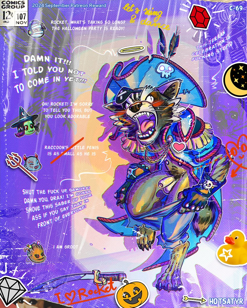 angry anthro blush caught_in_the_act clothing costume demon_costume dialogue embarrassed eye_patch eyewear genitals halloween_costume halloween_decoration hat headgear headwear holidays humiliation jack-o'-lantern male mummy_costume mummy_wrappings penis penis_humiliation pirate pirate_hat pirate_outfit pubes size_difference small_penis small_penis_humiliation smaller_male solo sticker stickers_on_object witch_costume witch_hat hotsatyr guardians_of_the_galaxy halloween marvel marvel_cinematic_universe gamora groot peter_quill rocket_raccoon starlord human mammal procyonid raccoon