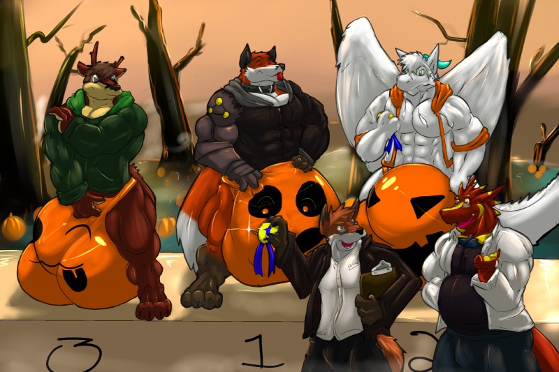 anthro balls big_balls big_bulge big_muscles big_penis blep bulge fog food fruit genitals group holidays huge_balls huge_bulge huge_penis hyper hyper_balls hyper_bulge hyper_genitalia hyper_penis male male/male muscular muscular_male penis plant podium pumpkin pumpkin_balls tongue tongue_out tree wings fierglief halloween mythology arik_(character) fierglief_(character) hassburg_(character) sckhar_(character) tyrse canid canine deer dragon fox mammal mythological_creature mythological_scalie scalie 2013 3:2 hi_res