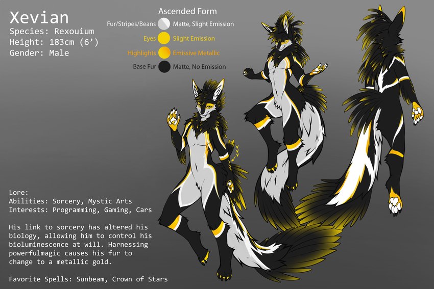 anthro bioluminescence black_body feathers fur glowing gold_markings male markings pawpads solo stripes text white_body white_fur white_pawpads white_stripes yellow_body yellow_eyes yellow_feathers yellow_fur angiewolf ascended_xevian xevian_(xevianlight) rexouium 3:2 absurd_res english_text hi_res model_sheet