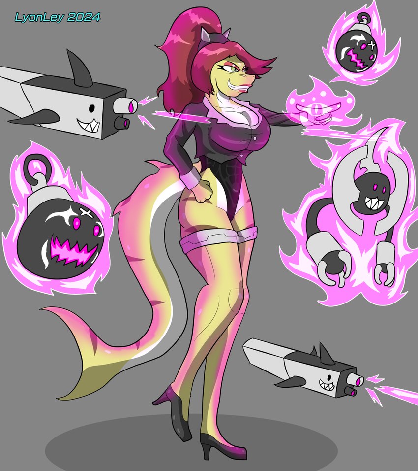 anthro bare_legs black_clothing black_leotard breasts cleavage clothed clothing drone female footwear hair high_heels jacket leotard magic magic_user makeup ponytail ranged_weapon red_hair shark_fin shark_tail shoes smile solo topwear weapon lyonley tori_atlis fish marine shark hi_res