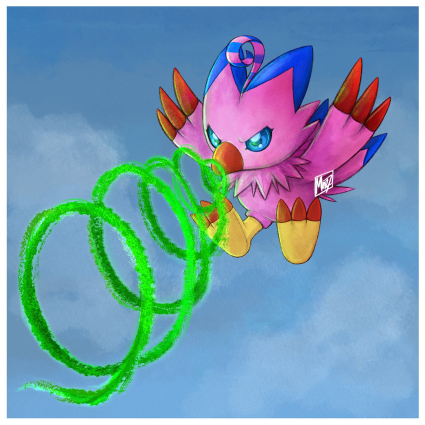 angry attack beak blue_background blue_eyes blue_markings border claws flying markings mn_27art pink_body red_claws simple_background solo toe_claws tuft white_border bandai_namco digimon avian bird biyomon digimon_(species) 1:1 2020 digital_media_(artwork) hi_res