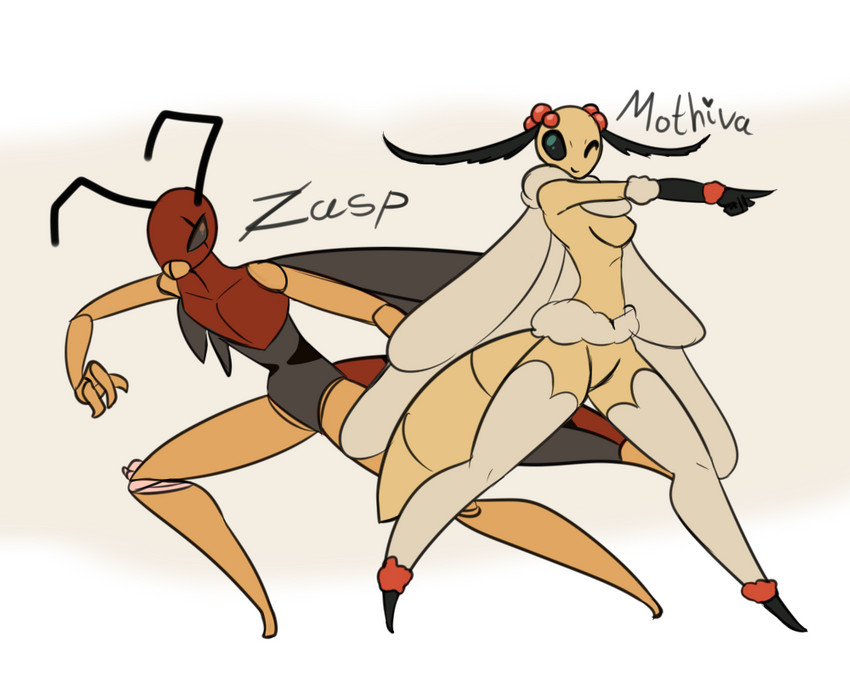 3_fingers 5_fingers action_pose antennae_(anatomy) anthro arthropod_abdomen biped breasts brown_body duo female fingers fluffy grey_eyes insect_wings leg_tuft legband male mandibles moth_antennae multicolored_body neck_tuft non-mammal_breasts one_eye_closed pose scar simple_background smile standing stinger stripes teal_eyes text tuft waist_tuft white_background wings yellow_body latiar bug_fables moonsprout_games mothiva_(bug_fables) zasp_(bug_fables) arthropod humanoid hymenopteran insect lepidopteran moth wasp 5:4 digital_media_(artwork)