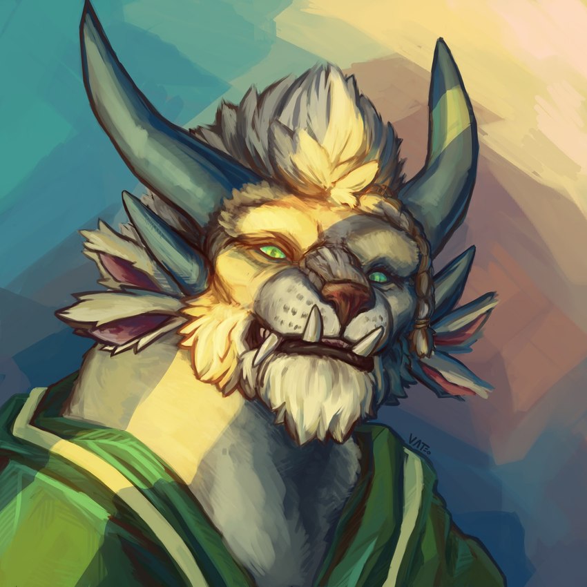 4_ears 4_horns abstract_background anthro black_lips braided_hair fur green_eyes hair horn lips male multi_ear multi_horn solo tan_body tan_fur teeth_showing vateo guild_wars maleus_splinterbone charr felid mammal 1:1 headshot_portrait hi_res portrait