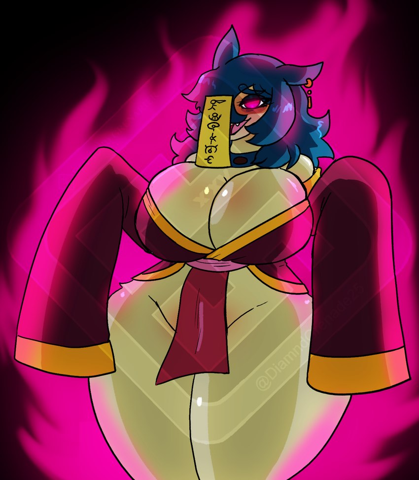 anthro big_breasts breasts clothed clothing female fire glowing glowing_eyes one_eye_obstructed skimpy slightly_chubby smile solo thick_thighs diamond_grenadier asian_mythology chinese_mythology east_asian_mythology mythology nintendo pokemon generation_8_pokemon hisuian_form hisuian_typhlosion jiangshi pokemon_(species) regional_form_(pokemon) undead hi_res