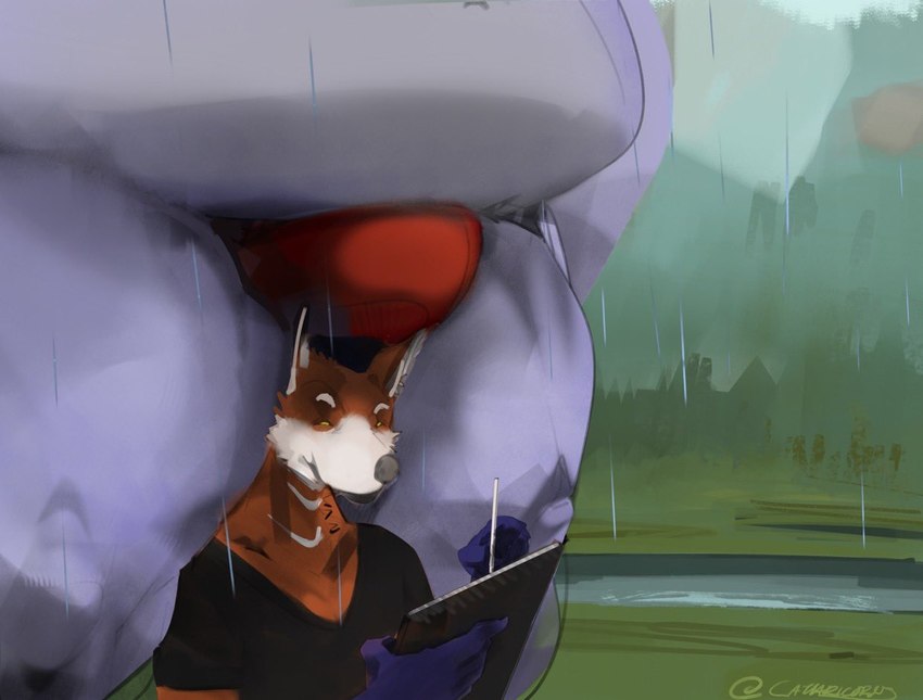 anthro belly big_belly biped bulge bulge_on_head clothing duo holding_tablet humanoid_hands male outside overweight overweight_male raining shirt size_difference topwear underwear cathricorn cath_(cathricorn) emmet_(cathricorn) bear canid canine mammal polar_bear ursine 2021