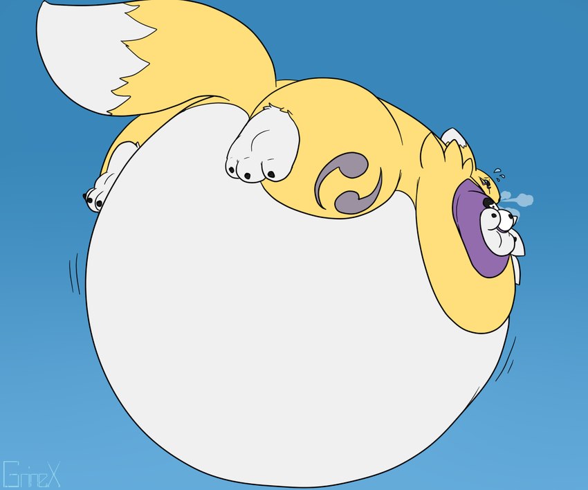 air_from_mouth air_inflation ambiguous_gender anthro belly belly_expansion belly_inflation big_belly bloated bodily_fluids expansion fur huge_belly hyper hyper_belly hyper_inflation immobile inflation inflation_fetish rear_view simple_background solo sweat sweatdrop tail white_belly worried yellow_body yellow_fur yellow_tail grinex bandai_namco digimon canid digimon_(species) mammal renamon 2016 6:5 colored digital_media_(artwork) flat_colors