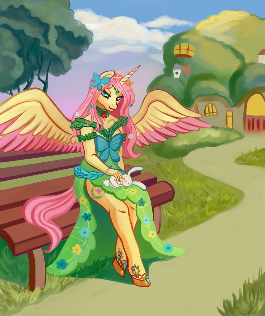 alternate_cutie_mark alternate_form alternate_hairstyle alternate_universe anthro clothing crown dress duo female feral headgear horn long_dress male tiara two_tone_wings wings bartolomy friendship_is_kindness friendship_is_magic hasbro my_little_pony mythology angel_(mlp) fluttershy_(mlp) princess_fluttershy equid equine lagomorph leporid mammal mythological_creature mythological_equine rabbit winged_unicorn absurd_res hi_res story_at_source