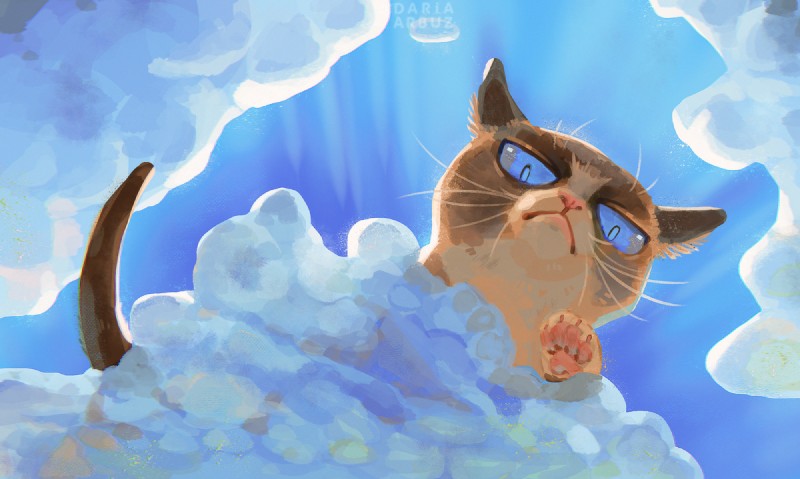 ambiguous_gender blue_eyes blue_sclera cloud feral fur heaven looking_down pawpads paws sky solo text daria_arbuz tardar_sauce domestic_cat felid feline felis mammal 2019 digital_media_(artwork) meme signature