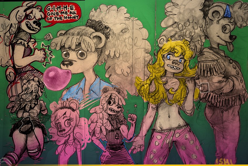 anthro blonde_hair blowing_bubble_gum blue_eyes bottomwear bubble bubble_gum candy censored_genitalia censored_nipples censored_pussy clothing clothing_cord command convenient_censorship dessert dialogue drawstring drawstring_bottomwear drawstring_pajama_bottoms drawstring_pajama_pants drawstring_pajamas female food gum hair hair_covering_breasts inflating pajama_bottoms pajama_pants pajamas pattern_bottomwear pattern_clothing pattern_pajamas poofy_hair skirt solo speech_bubble spots spotted_bottomwear spotted_clothing spotted_pajamas text tongue tongue_out ishi krista_blonde bear mammal 2019 censored english_text multiple_images traditional_media_(artwork)