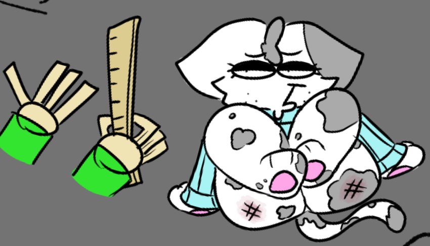 anthro bent_legs butt butt_slap clothing duo female kissy_face legs_up male ruler slap spank_marks spanking sweater tail topwear 4timez baldi domestic_cat felid feline felis human mammal