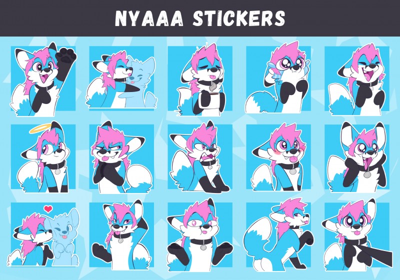 anthro blue_body blue_fur collar_tag duo front_view fur hair halo handpaw looking_at_viewer male multiple_poses multiple_positions nude paws pink_hair pose semi-anthro side_view solo sticker_pack telegram_sticker pulex nyaaa_foxx ych_(character) canid canine fox mammal expression_sheet half-length_portrait hi_res portrait