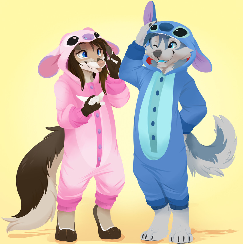 4_toes 5_fingers anthro biped black_claws blep blue_eyes blue_tongue brown_body brown_fur brown_hair claws clothed clothing cosplay digitigrade duo eyelashes feet female fingers fur grey_body grey_fur grey_nose grey_pawpads hair hand_behind_back hand_on_head kigurumi male multicolored_body multicolored_fur one_eye_closed onesie open_mouth open_smile pawpads simple_background smile standing tail tan_body tan_fur tan_nose tan_tongue toe_claws toes tongue tongue_out two_tone_body two_tone_fur wink yellow_background feve disney lilo_and_stitch angel_(lilo_and_stitch) erde_the_jackal stitch_(lilo_and_stitch) winter_the_wusky canid canine canis domestic_dog husky jackal mammal nordic_sled_dog spitz 2021 absurd_res digital_media_(artwork) hi_res lineless shaded