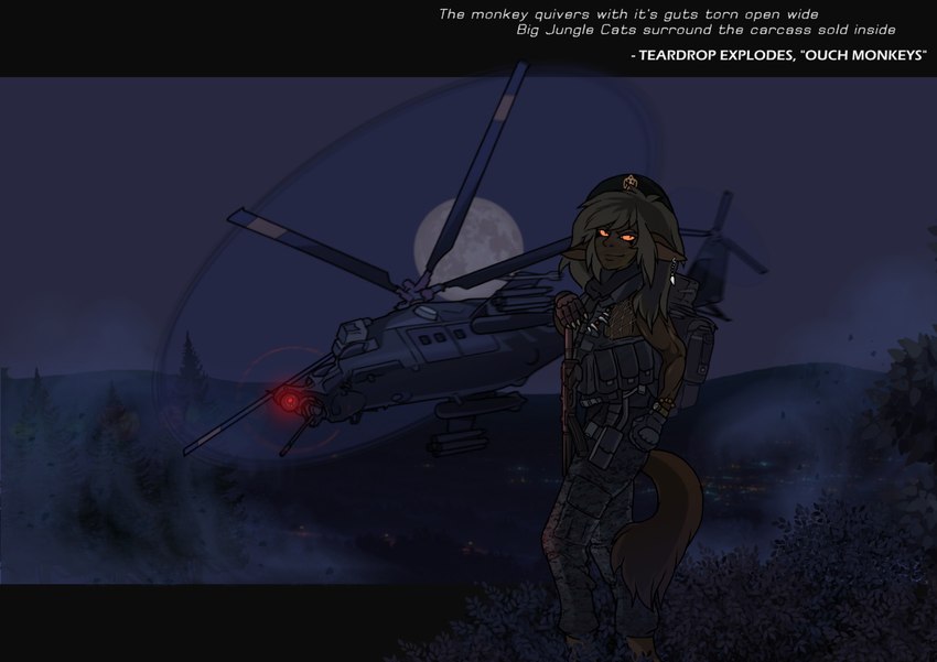 aircraft armored_vest athletic backpack barefoot beret bodypaint bottomwear bulletproof_vest camo cargo_pants clothing dark_body dark_skin detailed_background ear_piercing ear_ring evening feet female fire forest grass gun gunship hat headgear headwear helicopter hill humanoid_pointy_ears jewelry leaf looking_at_viewer mil_mi-24 military mp5 muscular necklace outside pants piercing plant pointy_ears ranged_weapon ring_piercing road shrub sky smile smoke solo standing submachine_gun tactical_gloves text town tree vehicle weapon aleone heckler_and_koch mil_moscow_helicopter_plant alyph_ironclaws animal_humanoid canid canid_humanoid canine canine_humanoid humanoid jackal_humanoid mammal mammal_humanoid english_text