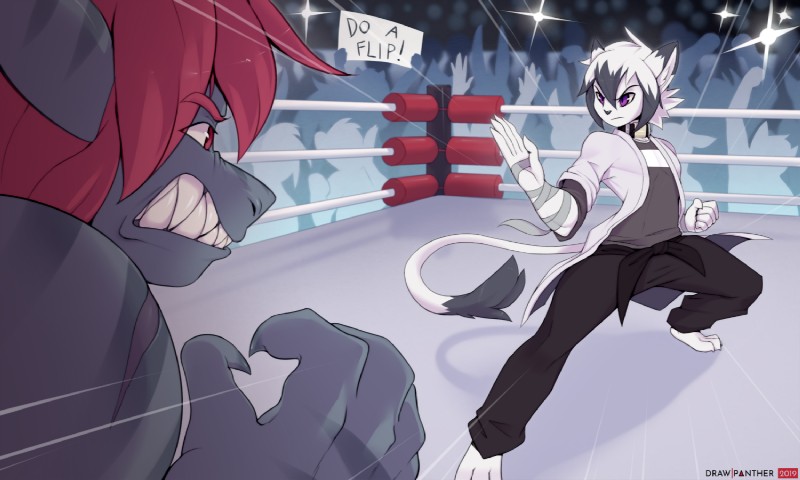 anthro bandage clothed clothing duo fighting_pose fighting_ring hair male pose standing teeth drawpanther ereki_kagami felid feline fish mammal marine shark 5:3