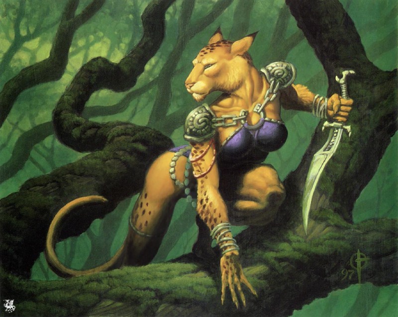 anthro clothing dagger dress female melee_weapon solo tail weapon daren_bader hasbro magic:_the_gathering wizards_of_the_coast mirri_cat_warrior catfolk felid leonin mammal official_art