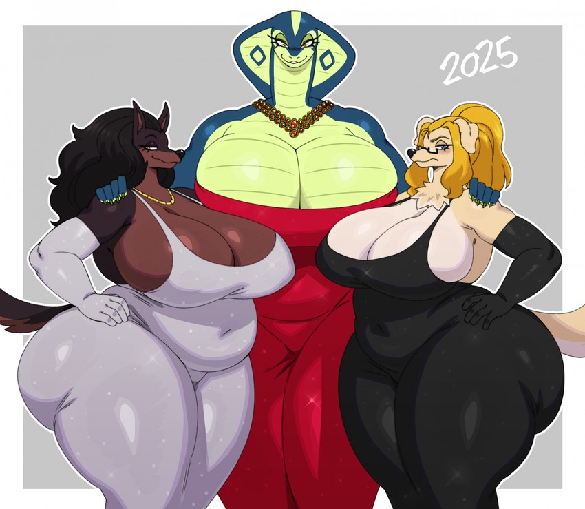 anthro big_breasts black_hair blonde_hair blush breasts clothed clothing eyewear female glasses group hair huge_breasts long_hair looking_at_viewer trio sssonic2 laverne_(sssonic2) leia_(sssonic2) canid canine canis dobermann domestic_dog mammal pinscher 2025 hi_res