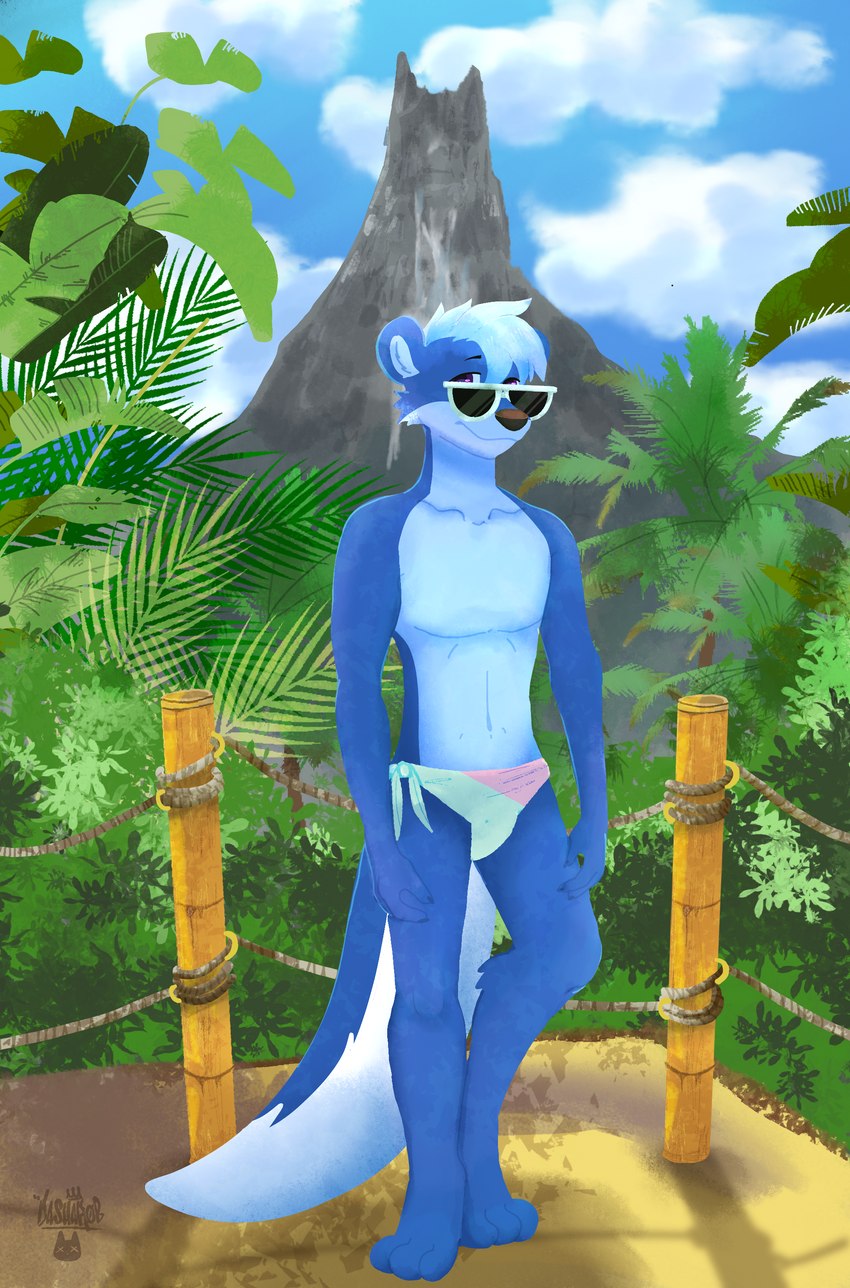 amusement_park beach blue_clothing blue_speedo blue_swimwear clothing eyewear male palm_tree pink_clothing pink_speedo pink_swimwear plant seaside solo speedo sunglasses swimwear swimwear_only tree volcano water_park wood_pole dasharob lindo humanoid mammal mustelid otter absurd_res hi_res