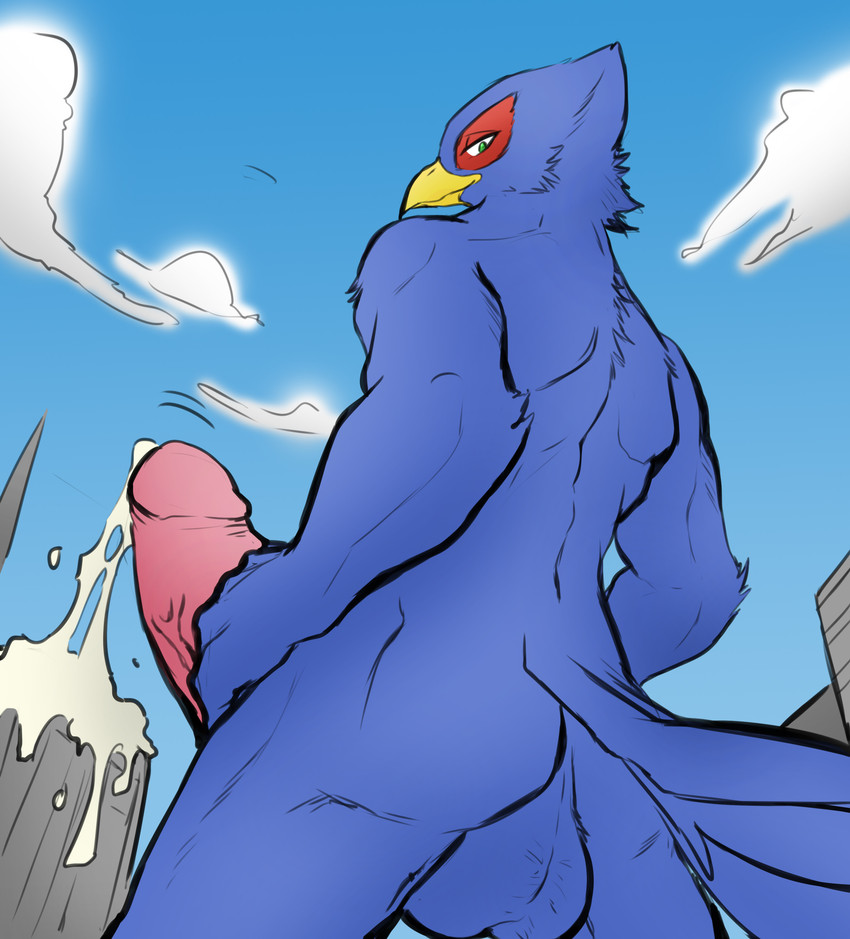 anthro balls blue_body blue_fur bodily_fluids building city cloud cum fur genital_fluids genitals looking_down looming low-angle_view macro male penis rear_view sky solo vein veiny_penis ryeono_kemo siman-clifton nintendo star_fox falco_lombardi avian bird 2020 absurd_res hi_res