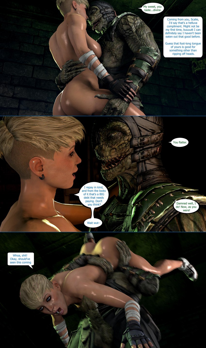 bodily_fluids clothed clothing dialogue duo ear_piercing exercise eye_contact female inside interspecies looking_at_another male partially_clothed piercing sweat smokescreen117 mortal_kombat cassie_cage reptile_(mortal_kombat) animal_humanoid human humanoid mammal saurian_(mortal_kombat) scalie scalie_humanoid absurd_res comic hi_res