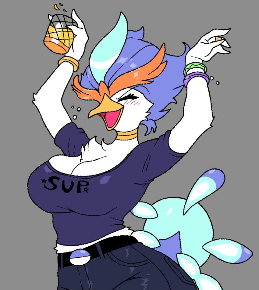 anthro beak belt beverage big_breasts bottomwear breasts chest_tuft cleavage clothed clothing container cup dancing denim denim_bottomwear denim_clothing drunk eyes_closed female glass glass_container glass_cup grey_background jeans jewelry necklace non-mammal_breasts pants shirt simple_background solo substance_intoxication tail text topwear tuft wide_hips activeajames nintendo pokemon shaina_(activeajames) avian generation_9_pokemon pokemon_(species) quaquaval english_text
