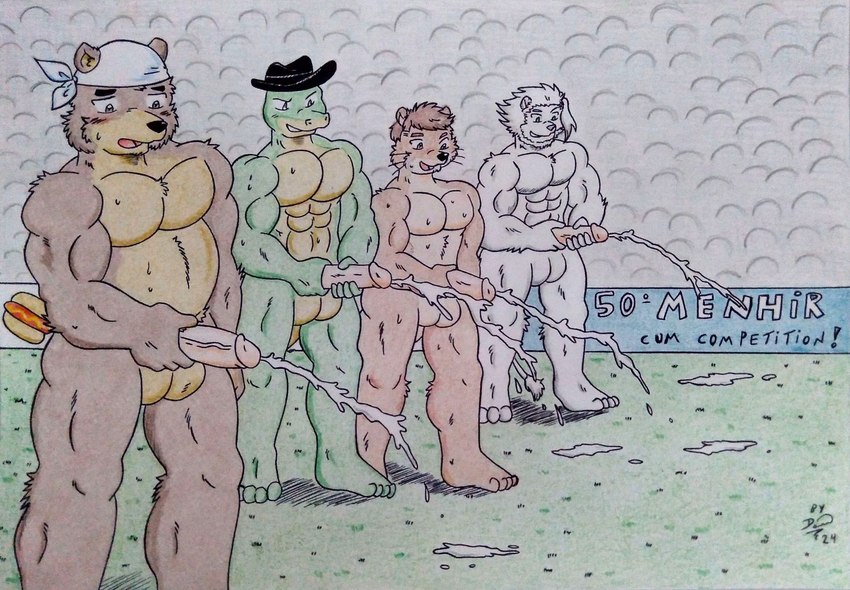 4_toes 5_fingers abs anthro athletic athletic_anthro athletic_male balls barazoku belly biceps big_belly big_muscles big_pecs black_nose blue_eyes blush blush_lines bodily_fluids brown_body brown_eyes brown_fur brown_hair clothing competition competitive crowd crowd_scene crowded cum cum_drip cum_on_ground cumshot cumshot_length_competition dripping ejaculation erection feet fingers fur genital_fluids genitals grass green_body green_eyes group hair hat hat_only headgear headgear_only headwear headwear_only holding_penis humanoid_genitalia humanoid_penis kemono kerchief kerchief_only male manly masturbation mostly_nude multicolored_body multicolored_fur multiple_cumshots muscular muscular_anthro muscular_arms muscular_legs muscular_male nude nude_anthro nude_male obliques open_mouth outside overweight overweight_anthro overweight_male pecs penile penis pink_penis plant public purple_eyes sexual_competition smile sweat sweatdrop text thick_penis toes white_body white_fur white_kerchief dashthefox albino_(seaborn) kai_(dash_fox) marteau nikel bear felid lion lizard mammal mustelid otter pantherine reptile scalie english_text hi_res traditional_media_(artwork)