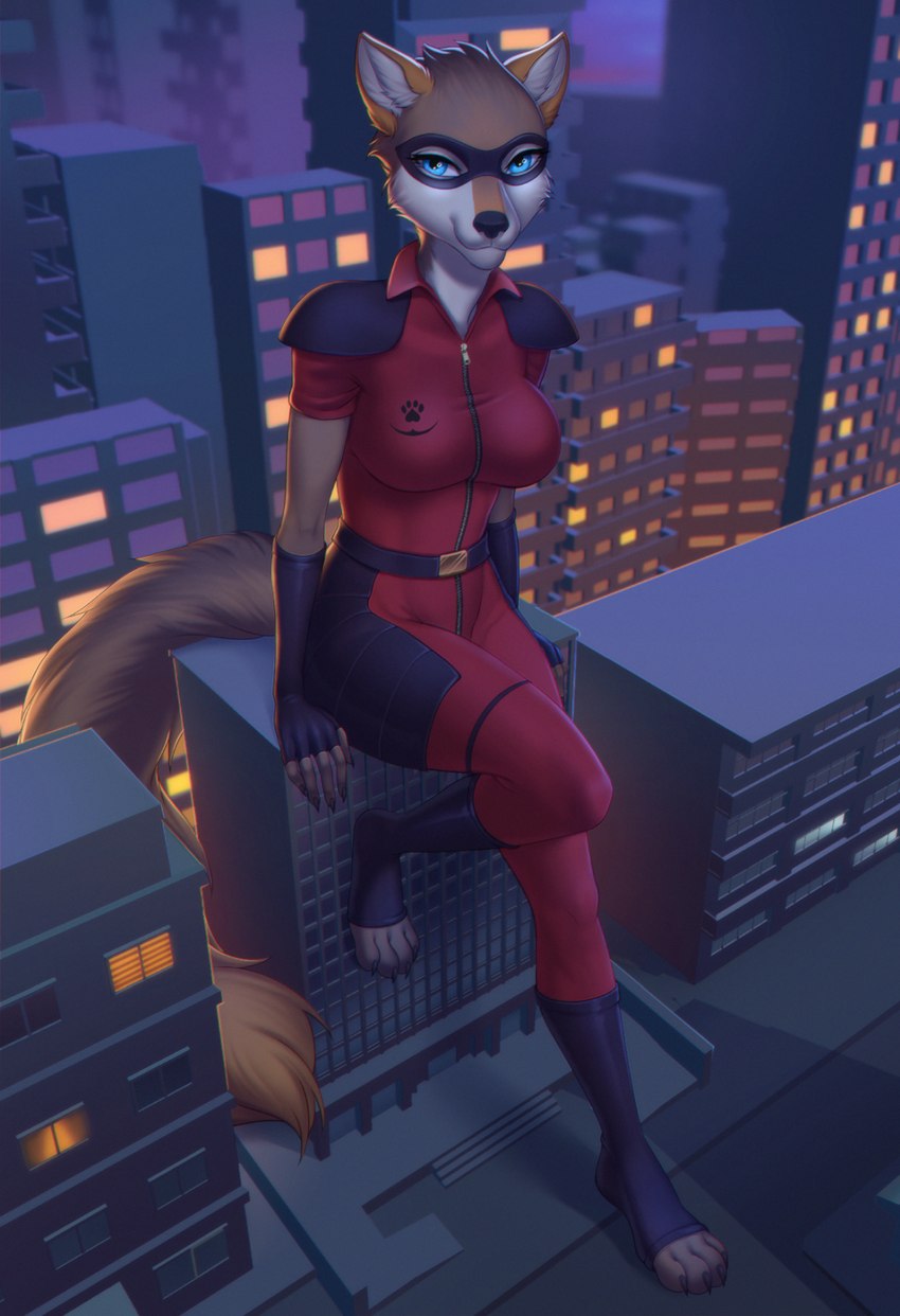 anthro city city_background cityscape female macro mask night sitting sitting_on_building solo tail vigilante littlemomoko legend_of_ahya murana_wolford_(darkflame-wolf) canid canine canis mammal wolf hi_res