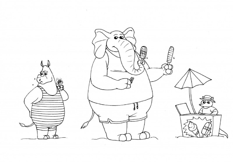 anthro beach clothing dessert eyewear female food group ice_cream male outside seaside simple_background sunglasses swimwear trunk white_background bernielover disney zootopia francine_pennington elephant elephantid mammal proboscidean rhinoceros black_and_white monochrome