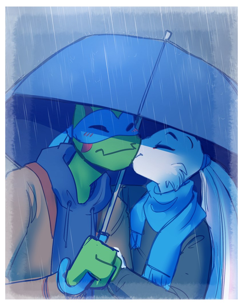 anthro anthro_on_anthro blush border duo eyes_closed kerchief kissing_cheek male male/male raining romantic scarf umbrella white_border unknownplants rise_of_the_teenage_mutant_ninja_turtles teenage_mutant_ninja_turtles usagi_yojimbo leonardo_(tmnt) miyamoto_usagi lagomorph leporid mammal pond_slider rabbit red-eared_terrapin reptile scalie terrapin turtle hi_res