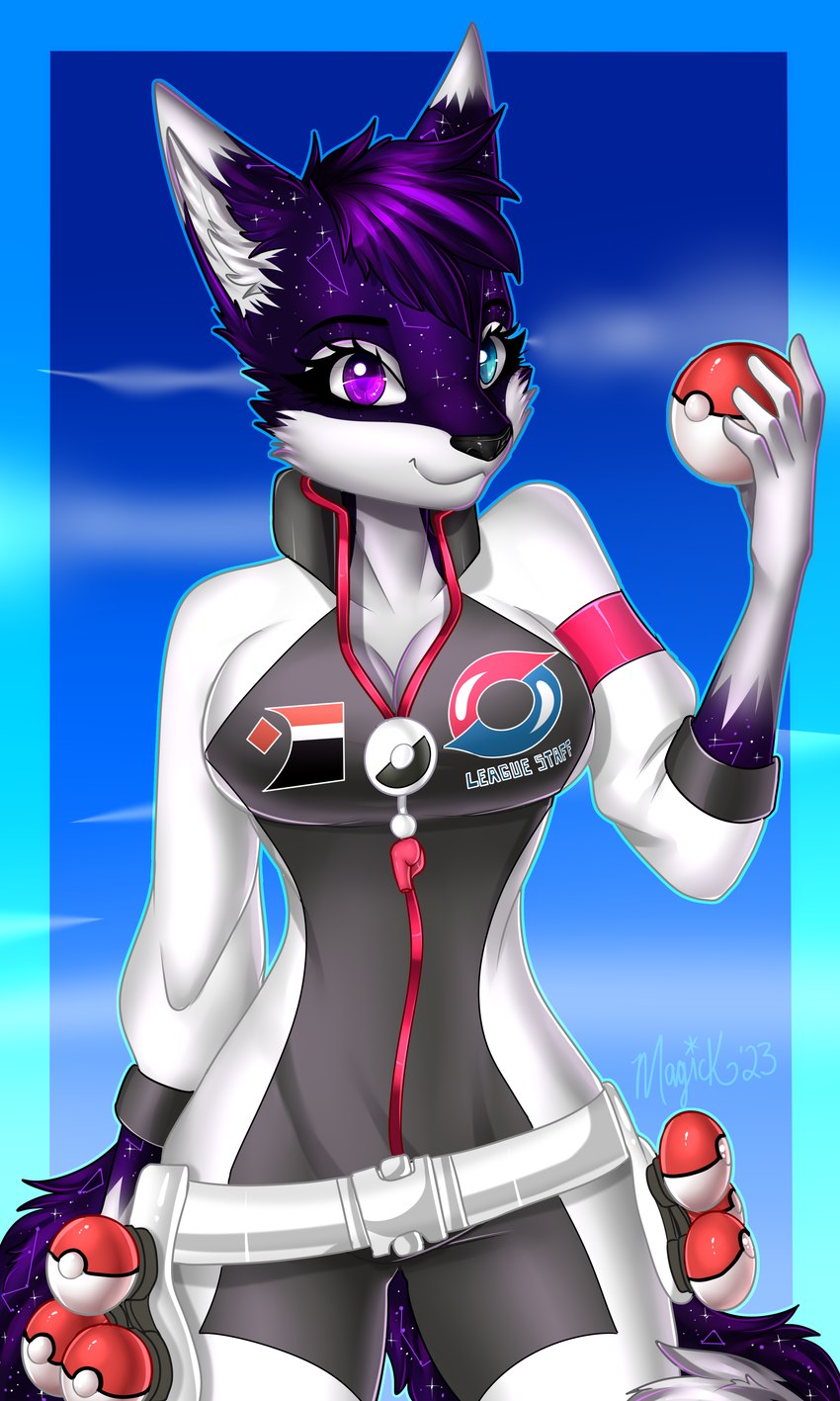 anthro belt big_breasts bodysuit breasts clothed clothing constellation_markings costume dipstick_tail female fur gloves_(marking) heterochromia holding_object looking_at_viewer markings multi_tail pokeball purple_body purple_fur skinsuit sky_background smile solo sparkles starry_hair tail tail_markings text tight_clothing zipper xmagickx nintendo pokemon pokemon_trainer tanti canid canine fox mammal 2023 3:5 absurd_res digital_drawing_(artwork) digital_media_(artwork) english_text hi_res signature trans_(lore)