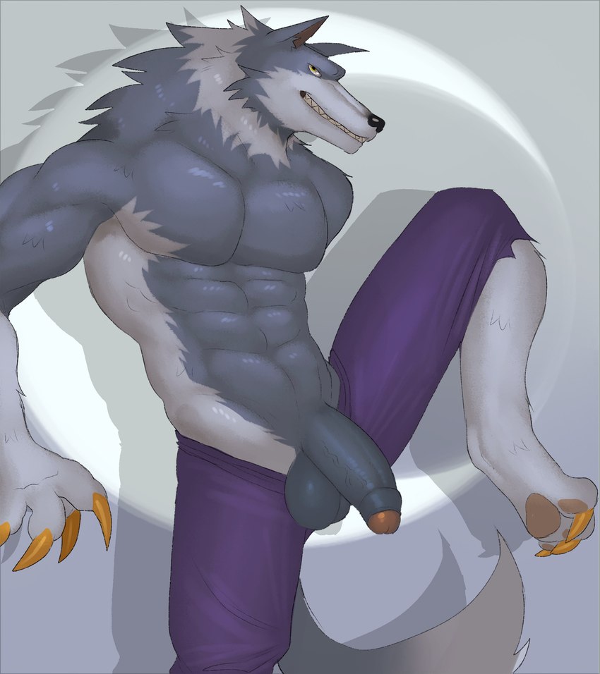 abs anthro balls biceps black_nose bottomwear clothed clothing foreskin fur genitals glans grey_body grey_fur half-erect humanoid_genitalia humanoid_penis male muscular muscular_anthro muscular_male navel pants partially_retracted_foreskin pecs penis smile solo tail teeth topless vein veiny_penis fleshformomo capcom darkstalkers mythology jon_talbain canid canine canis mammal mythological_canine mythological_creature werecanid werecanine werecreature werewolf wolf 2023 absurd_res digital_media_(artwork) hi_res