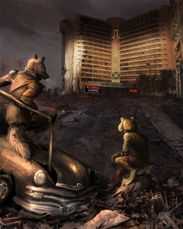 anthro bar car cigarette clothing crouching dark desolate destruction detailed_background directional_arrow dirt duo ear_tuft fluffy fluffy_tail fur glowing hotel male plant post-apocalyptic rust sign sitting slav_squat smoking tail torn_clothing tree tuft vehicle vintage_car window wood alectorfencer califur fallout microsoft canid canine canis felid feline lynx mammal wolf broken 2011 4:5 hi_res