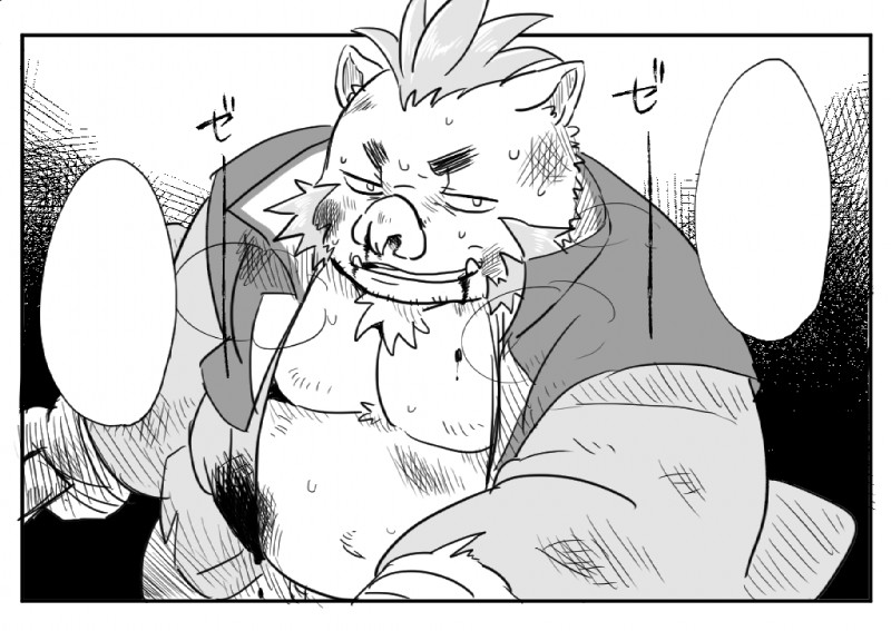 anthro blood bodily_fluids clothed clothing male mohawk slightly_chubby slightly_chubby_male solo wounded nunutaro3 lifewonders tokyo_afterschool_summoners ganglie_(tas) mammal suid suina sus_(pig) wild_boar monochrome