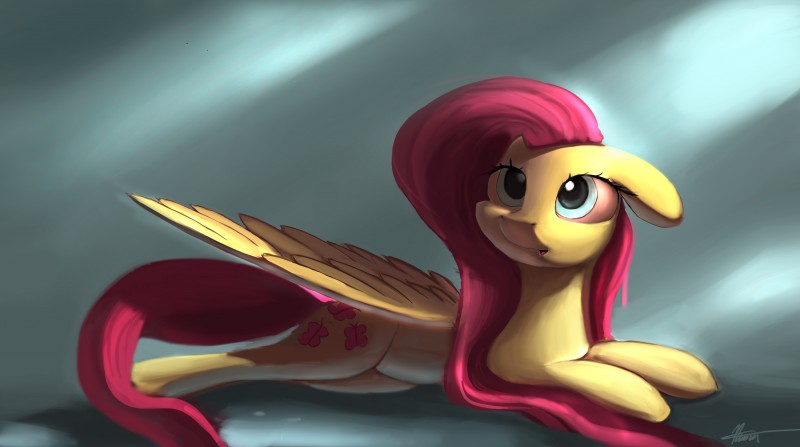 cutie_mark eyelashes feathered_wings feathers female feral fur hair hooves lying pink_hair simple_background solo wings yellow_body yellow_feathers yellow_fur auroriia friendship_is_magic hasbro my_little_pony mythology fluttershy_(mlp) equid equine mammal mythological_creature mythological_equine pegasus absurd_res hi_res