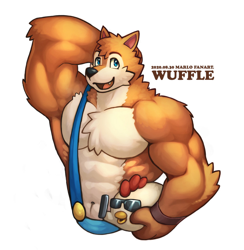 abs anthro biceps chest_tuft clothed clothing duo eyewear fur headgear headwear male muscular muscular_anthro muscular_male overalls pecs simple_background sunglasses text tuft waistband wolfmalro wuffle_(webcomic) wuffle_the_big_nice_wolf wuffle avian bird canid canine canis chicken galliform gallus_(genus) mammal phasianid wolf hi_res