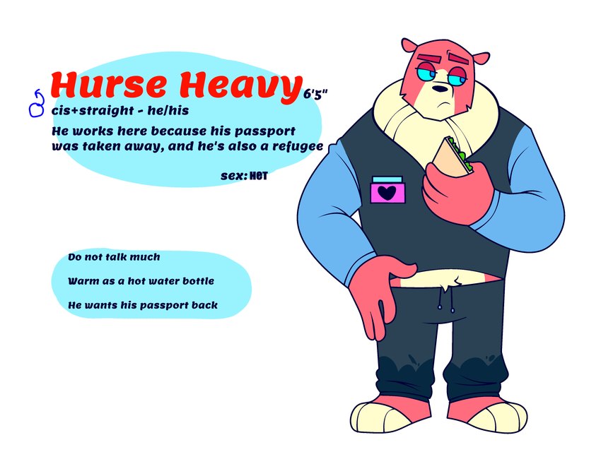 alternate_species anthro clothed clothing fluffy fluffy_chest food frown fully_clothed gender_symbol holding_food holding_object holding_sandwich looking_aside male male_symbol sandwich_(food) simple_background solo standing stated_heterosexuality stated_sexuality symbol text p1nk3u sparklecare team_fortress_2 valve heavy_(team_fortress_2) anthry_(sparklecare) bear mammal 2025 absurd_res english_text hi_res model_sheet