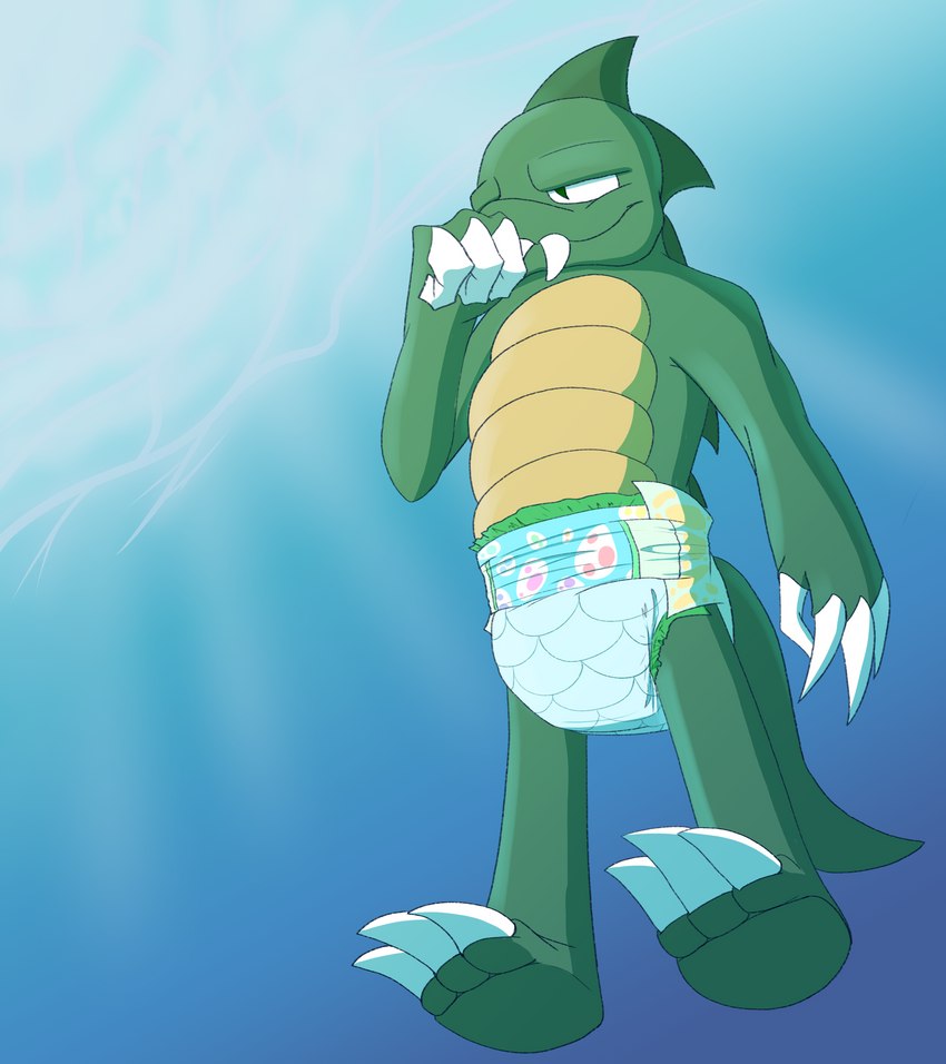 3_toes ageplay anthro claws clean_diaper clothed clothing diaper feet infantilism male roleplay solo sucking tail teeth thumb_suck toes underwater water wearing_diaper lonegreenorcacalf mythology wonderboy dragon mythological_creature mythological_scalie scalie absurd_res hi_res