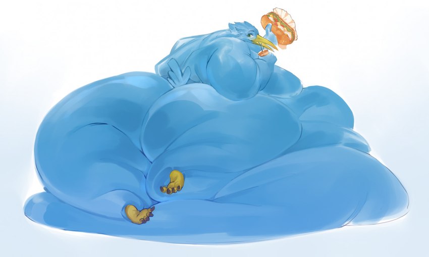 anthro beak belly beverage big_belly blue_body blue_feathers butt container cup eating eating_food feathers feet food hindpaw holding_food holding_object huge_belly hyper hyper_belly immobile looking_at_viewer looking_back lying male morbidly_obese morbidly_obese_anthro nude obese obese_anthro obese_male on_front open_mouth overweight overweight_anthro overweight_male paws sandwich_(food) simple_background smile solo thick_thighs toes wide_hips jackajack21 egyptian_mythology middle_eastern_mythology mythology thoth_(smite) avian bird deity ibis pelecaniform threskiornithid