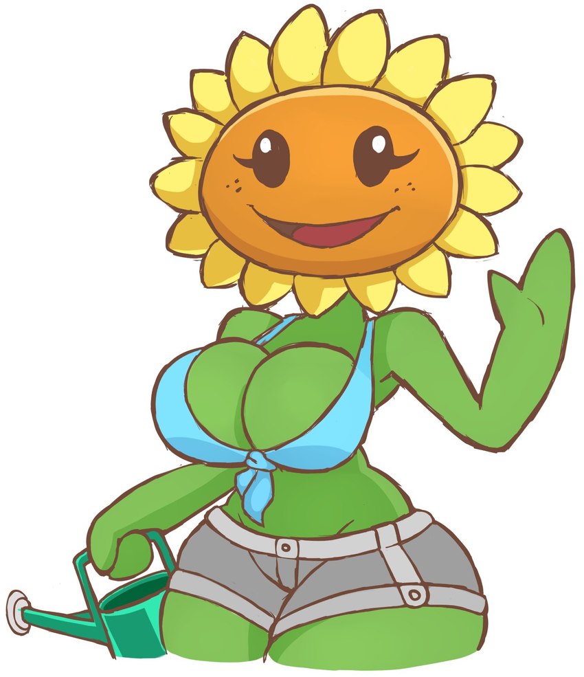 big_breasts bikini bikini_top bottomwear breasts clothed clothing female flower freckles green_body not_furry petals plant shirt shorts simple_background smile solo sunflower swimwear topwear two-piece_swimsuit watering_can white_background urusee584 electronic_arts plants_vs._zombies popcap_games elemental_creature elemental_humanoid flora_fauna flower_creature humanoid plant_humanoid sunflower_(pvz) hi_res