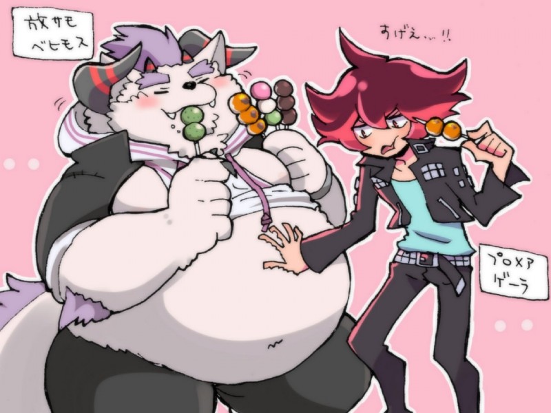 anthro belly blush clothing duo food hoodie horn humanoid_hands male overweight overweight_male topwear mufksin lifewonders tokyo_afterschool_summoners behemoth_(tas) mammal monster 2019 4:3