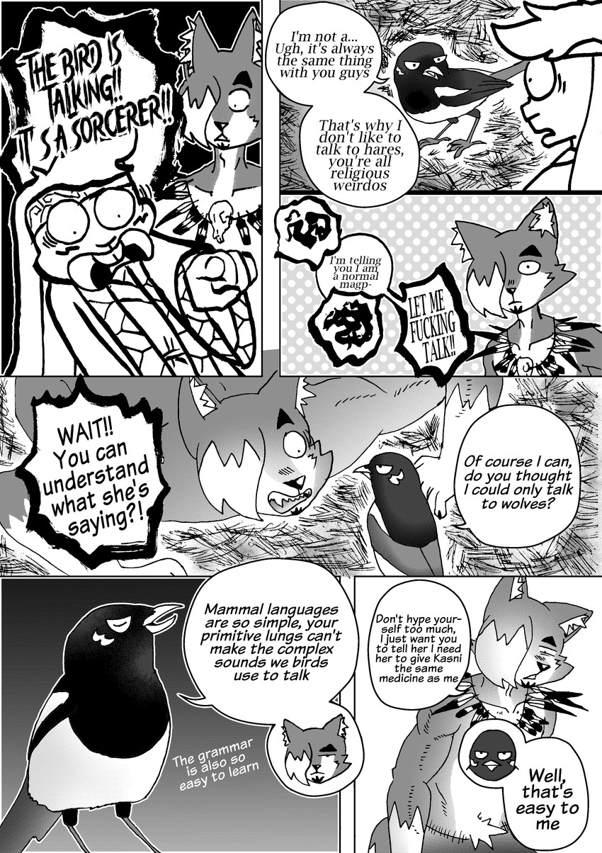 ainu_clothing anthro big_ears big_feet bone bottomwear bowing clothing collar countershade_face countershade_fur countershade_torso countershading dialogue feathers feet footwear fur kerchief leg_markings male markings muscular muscular_anthro muscular_male pose scared shocked skirt skull socks_(marking) surprised text underwear efradraws northwind_(efradraws) isepo_(efradraws) n'tal_(northwind) uspul_(efradraws) avian bird canid canine canis corvid lagomorph leporid magpie_(corvid) mammal oscine passerine rabbit wolf absurd_res black_and_white comic digital_media_(artwork) english_text halftone hi_res monochrome