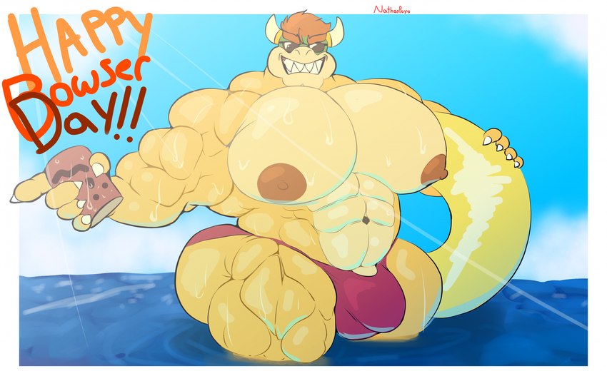 anthro beach big_muscles big_pecs bulge floatie genitals huge_hips huge_muscles huge_pecs inflatable male musclegut muscular nipples pecs penis penis_base sea solo water wide_hips nathanlepoyo bowser_day mario_bros nintendo bowser koopa scalie hi_res