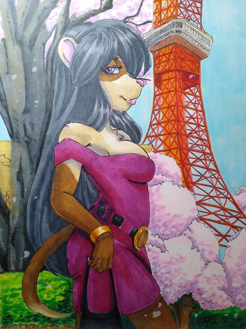 anthro breasts clothed clothing dress female japan lips solo thick_bottom_lip tokyo tower avencri mtapartstuff nintendo pokemon alex_(avencri) furret generation_2_pokemon pokemon_(species) 3:4 absurd_res hi_res traditional_media_(artwork)