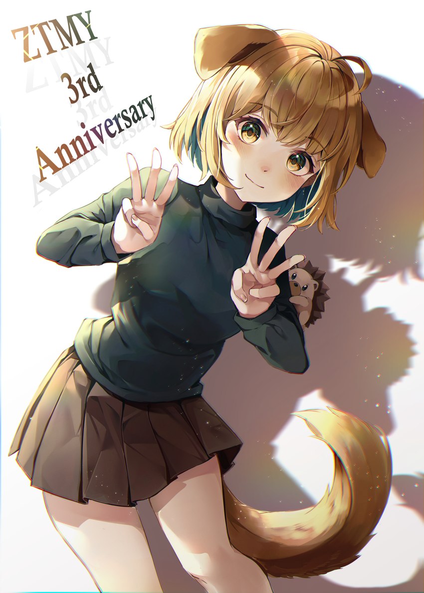 ahoge animal_ears black_clothing black_shirt black_topwear blonde_hair bottomwear brown_bottomwear brown_clothing brown_skirt clothing colored_inner_hair dog_ears dog_tail female gesture hair hand_gesture long_sleeve_shirt looking_at_viewer multicolored_hair pleated_skirt pose shirt short_hair skirt smile solo text topwear mirage_(rairudiseu) zutomayo nira-chan uniguri animal_humanoid canid canid_humanoid canine canine_humanoid dog_humanoid eulipotyphlan hedgehog humanoid mammal mammal_humanoid 2021 absurd_res english_text hi_res japanese_description